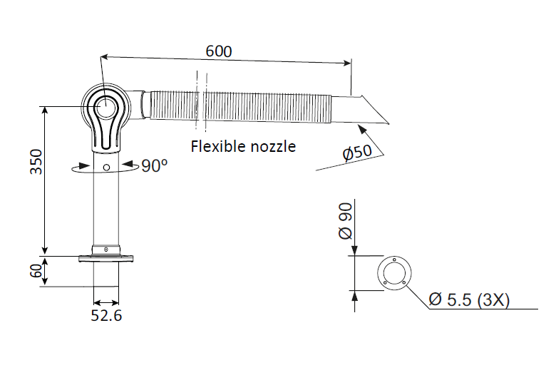 MEBC700-50ES FUMEX ESD ME50 Лабораторный вытяжной рукав на поворотном шарнире в антистатическом исполнении.Материал:анодированный алюминий .Диаметр:50мм. Расход воздуха 55-75 м3/час. Подключение: нижнее